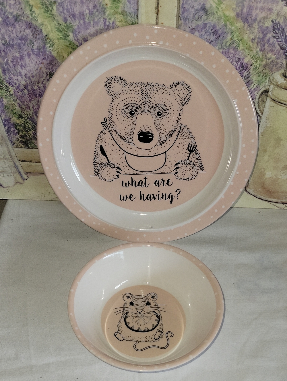 Bloomingville Mini Nelly Pink Melamine Bear Childrens Plate & Mouse Bowl Set